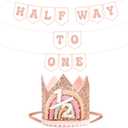 Girl 1/2 Birthday Decorations, Rose Gold Half Way To One Banner And Adjustable 1/2 Birthday Crown For 6 Months Girl Half Year BDDecorations