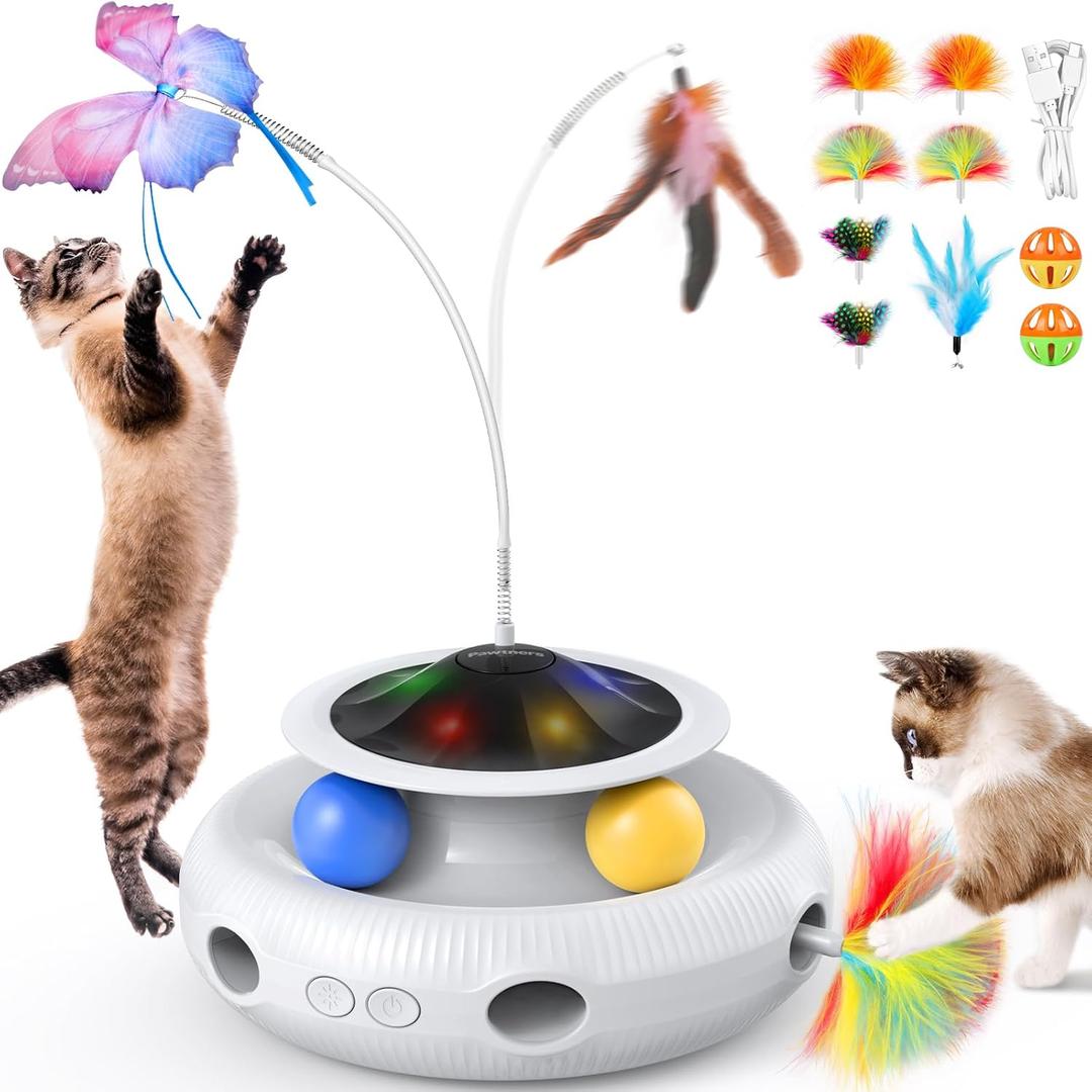 Pawtners Interactive Cat Toy: 4 in 1 Automatic Interactive Kitten Toys for Indoor Cats Rechargeable with Fluttering Butterfly, Track Balls and Ambush Feather (White Toy+8 Feathers+4 Balls)