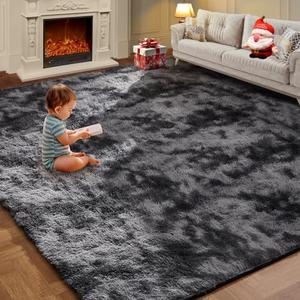 8x10 Feet Area Rugs for Living Room, Shag Fluffy Bedroom Carpet, Soft Rugs for Nursery, Furry Rugs for Girls Boys Kids Room, Extra Large Fuzzy Rug, Tie-Dyed Dark Gray