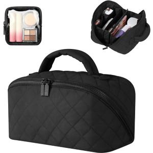 Makeup Bag for Women, Wide Open Lay-Flat Water-Resistant Cosmetic Case, Festivalment Makeup Bag, Spacious 180 Open Cosmetic Organizer for Toiletries & Brushes Large Capacity with Compartments (Black)