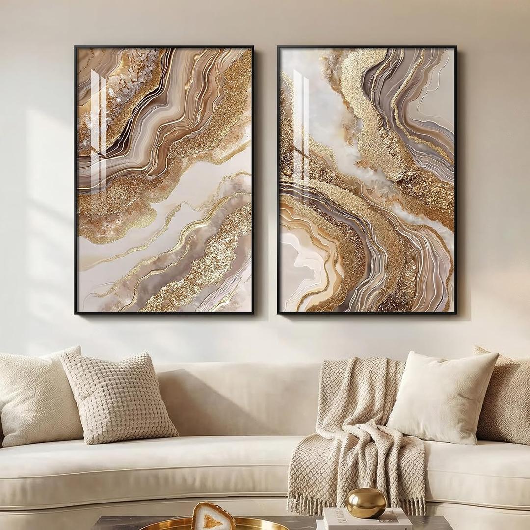 Framed Abstract Brown Gold Wall Art for Living Room, 2 Piece Large Modern Luxury Artwork for Walls, Contemporary Bright Style Picture Prints Paintings for Bedroom Dining Room Office 24x36 Inch, 24" W x 36" H x 2Pcs