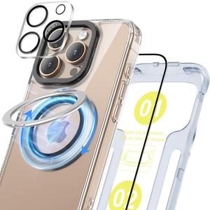 SODI 3 in 1 iPhone 16 Pro Case with 360Rotatable Magnetic Ring Stand [1X Screen Protector + 1X Camera Lens Protector][Anti-Yellow] [Military-Grade Protection] Shockproof Phone Case 6.3",Clear