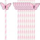 uxcell 40Pcs Butterfly Stripe Paper Straws, Drinking Straws Cake Decorations for Wedding Birthday Party Supplies, Pink