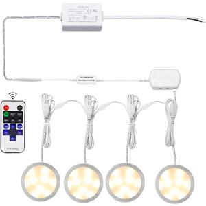 AIBOO Linkable LED Under Cabinet Lights Direct Wired 12V Slim Aluminum Dimmable Puck Lights with RF Remote Control for Accent Lighting (4 Lights, Warm White, No Wall Plug)