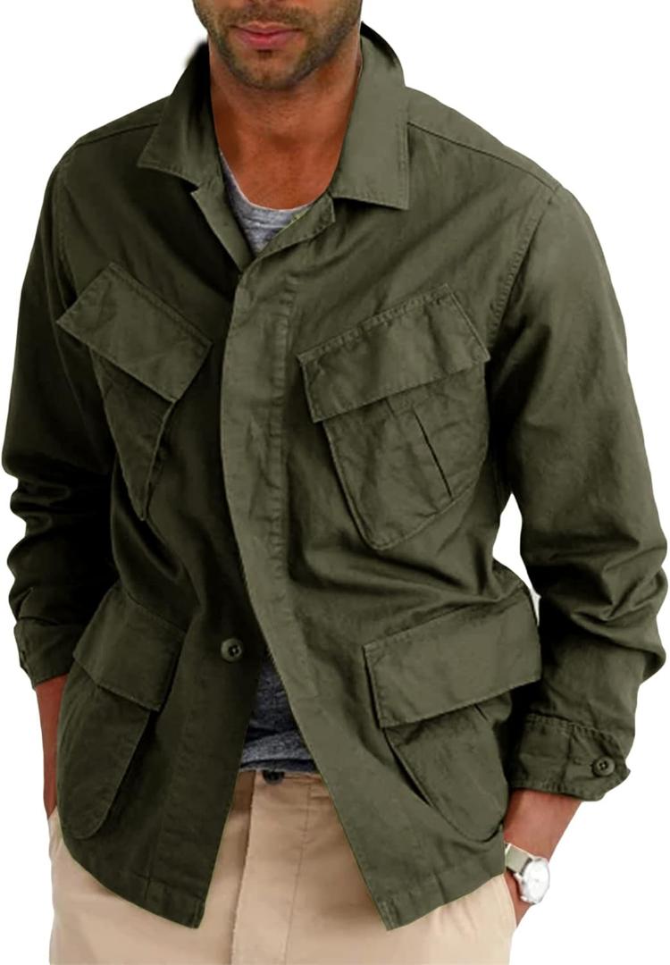 Runcati Mens Lightweight Safari Jacket Button Up Cotton Outdoor Military Cargo Long Sleeve Outwear (Large, Army Green)