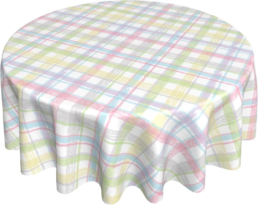 Spring Easter Tablecloth Round 70 Inch Pastel Plaid Colorful Checkered Print Holiday Circular Table Cloth Seasonal Farmhouse for Indoor Party Kitchen Dinner Picnic Tabletop Decor (Yellow Green Purple Blue Pink)
