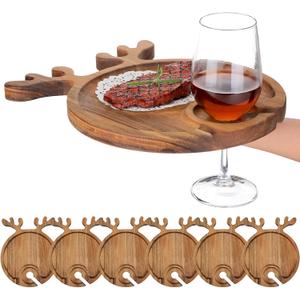 Maxcheck 6 Pcs Christmas Charcuterie Boards 12 Inch Wine Appetizer Plates Acacia Wood Xmas Cutting Board Platters Serving Tray Dish Deer Antler Cocktail Plate with Wine Holder Decor for Kitchen Gift