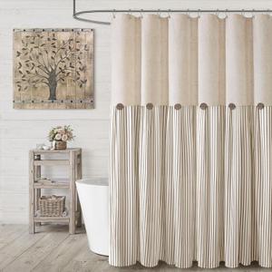 Farmhouse Shower Curtain Linen Beige Button Woven Fabric Country Rustic Western, Pleated Beige Stripe, 60" W x 72" L