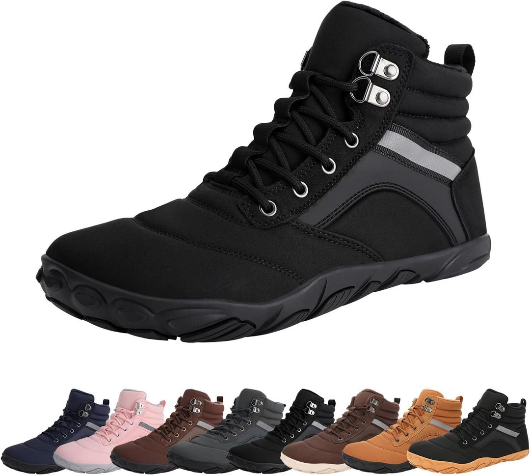 Womens Mens Winter Barefoot Boots Warm Minimalist Wide Toe Box Snow Boots Zero Drop Sole Outdoor Water Resistant Ankle Booties (10 Women/8.5 Men, Black)