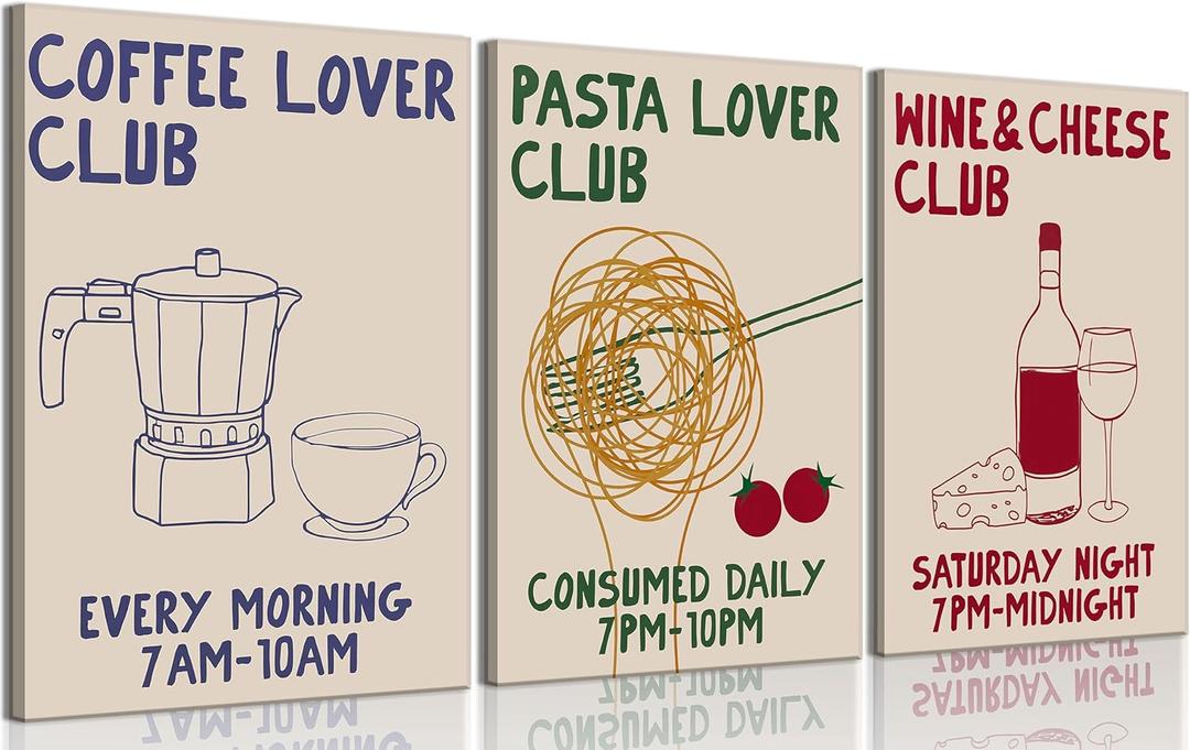 3Pcs Hand Drawn Kitchen Canvas Wall Art Vintage Funny Club Wall Decor Pictures Mid Century Modern Food Lover Posters Prints for Bar Dining Room Living Room Kitchen Home Decorations (24"L x 16"W)