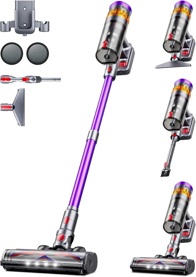 Cordless Vacuum Cleaner, 600W 50Kpa 70 Mins Cordless Stick Vacuum, Self-Standing Wireless Vacuum with Touch Screen, Charging Dock, Anti-Tangle Rechargeable Vacuum Cleaners for Home/Pet Hair/Carpet (Purple)