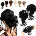 2PCS Messy Bun Hair Piece Tousled Updo with Tendrils Wavy Curly Hair Bun Scrunchies Ponytail Extension Elastic Band Hairpieces For Women (Dark Black)