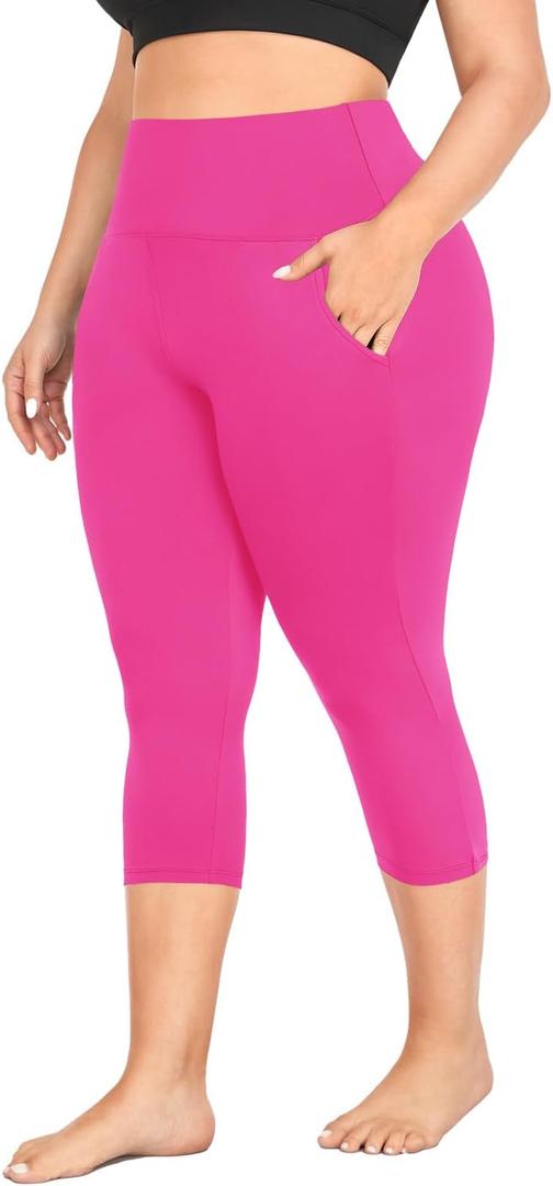 MOREFEEL Capri Plus Size Leggings for Women with Pockets-Stretchy  Tummy Control High Waist Workout Black Yoga Pants, 3XL, Hot Pink 