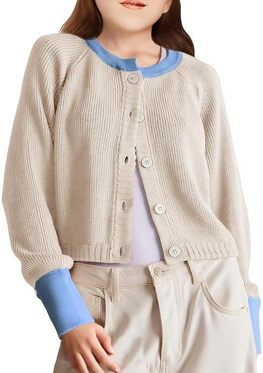 Girls Cardigan Sweater Kids Color Block School Uniforms Button Down Long Sleeve Knit Tops Tweens Winter Clothes Apricot, Size 9-10 years (140)
