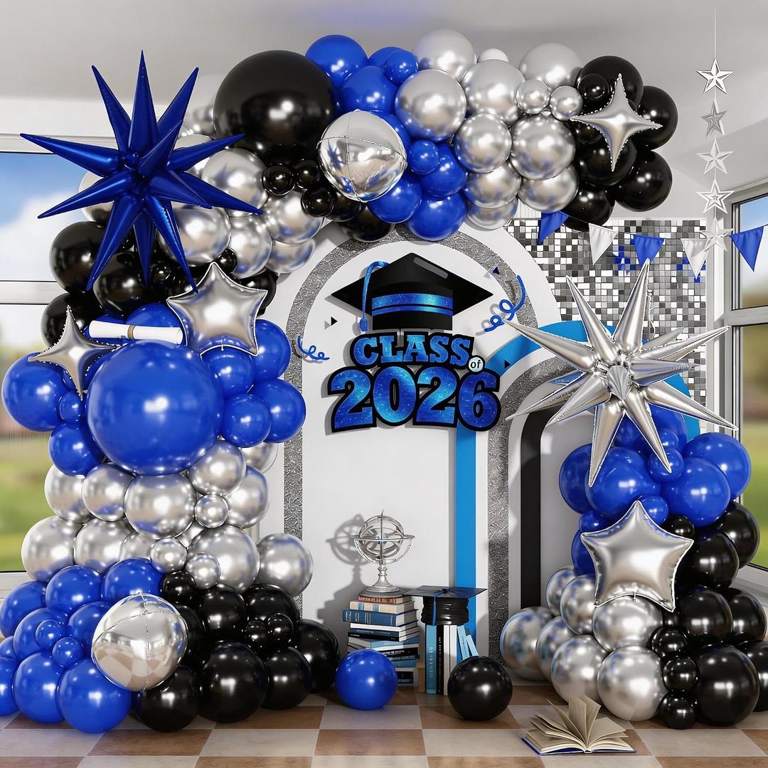 Blue and Black Balloon Arch Kit, Graduation Balloon Garland Royal Navy Blue Metallic Silver Black Latex Balloons Explosion Star Foil Balloons for 2026 Congrats Grad Prom Birthday Party Decorations