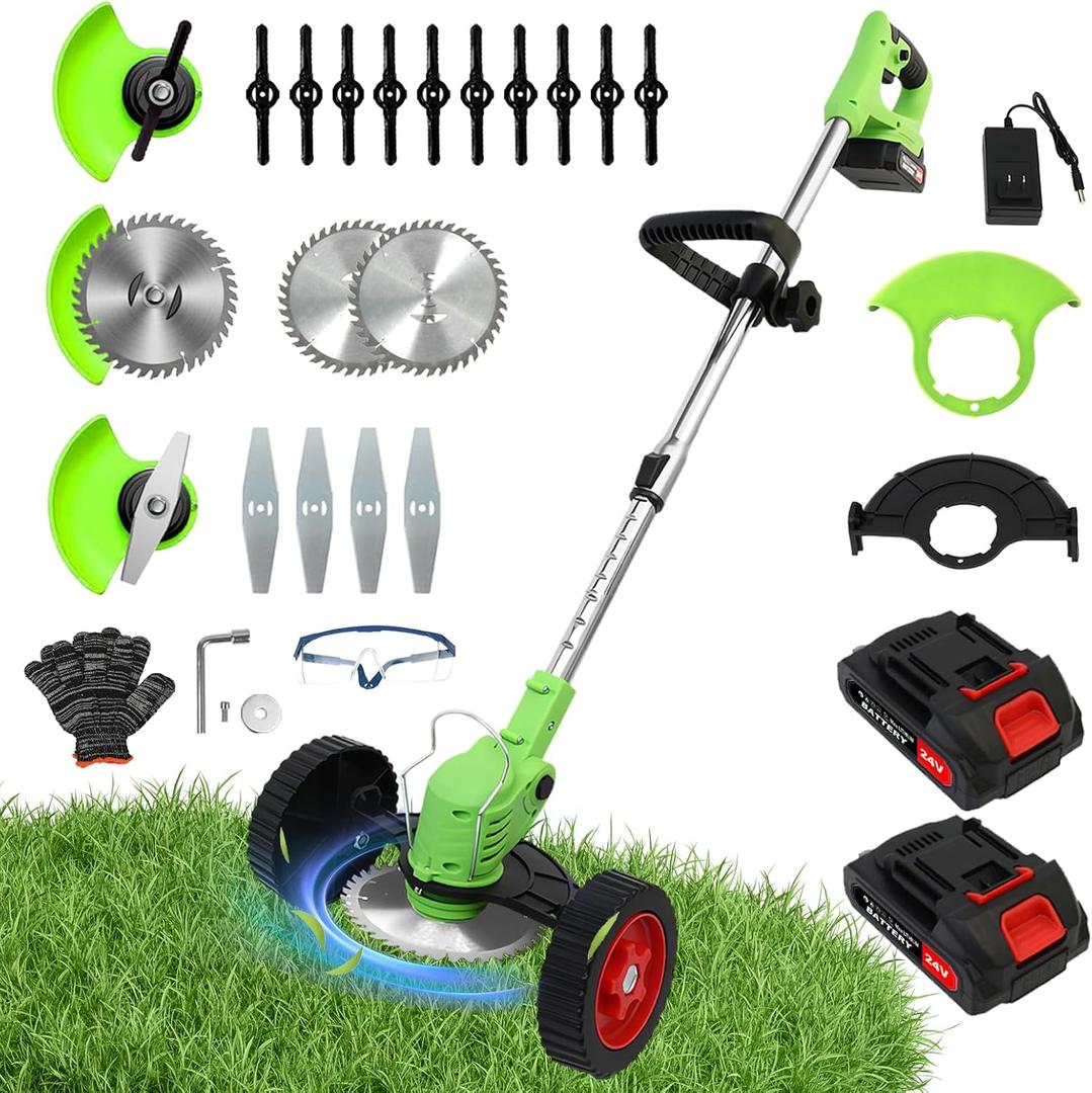 ALSO GO 24V Electric Weed Wacker, Cordless Weed Trimmer, Battery Powered Grass Trimmer with 2pcs Batteries, 3 in 1 Weed Eater with Wheels, Stringless Lightweight Grass Cutter for Lawn Garden Yard (Green)