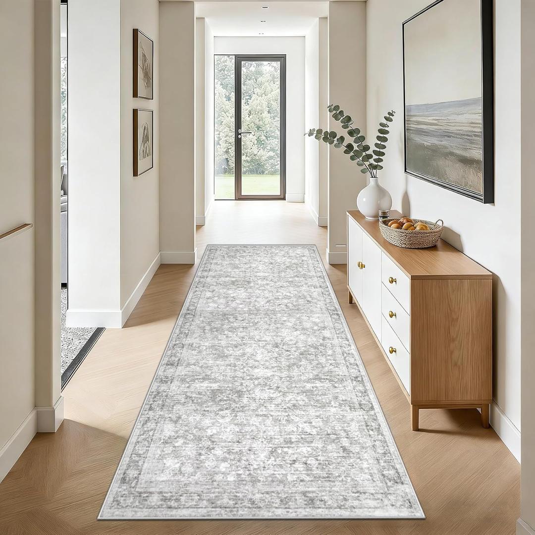 2x8 Hallway Runner Rug: Washable Vintage Floral Entryway Rugs Low Pile Non-Slip Boho Carpet for Kitchen, Bedroom, Bathroom, Dining Room (Grey, 2'x8')