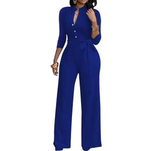 LalaLin Sexy 3/4 Sleeve Jumpsuit for Women V Neck High Waisted Long Wide Leg Pant Button Down Party Romper with Belt (Medium)