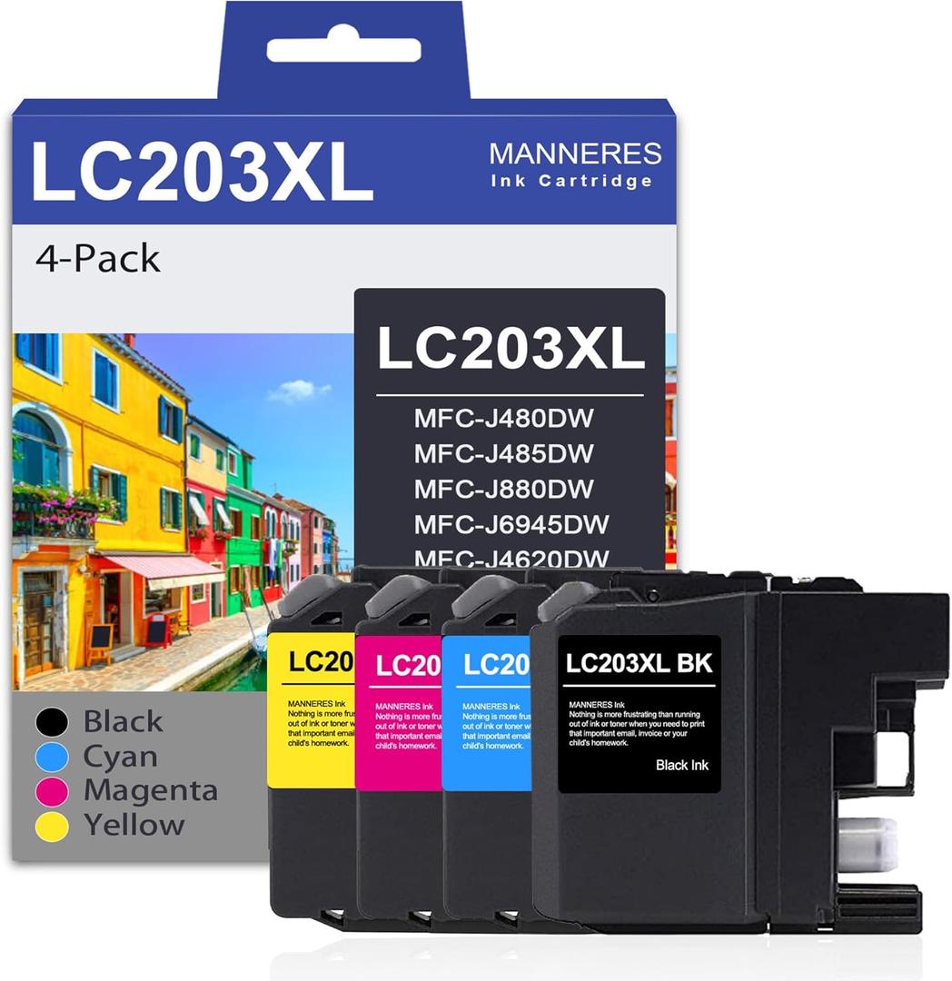 LC203 Ink Cartridges Compatible for Brother LC203 LC201 High Yield Ink Cartridge Replacement for Brother LC203BK Ink Work with MFC-J480DW MFC-J880DW MFC-J4420DW MFC-J680DW Printer (BK/C/M/Y, 4 Pack)