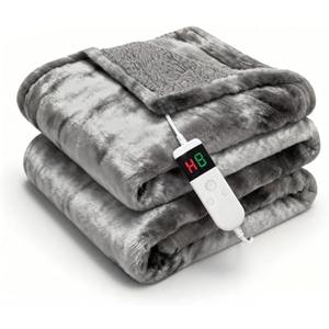 Cushious Electric Heated Blanket Throw 50''x60''Size Faux Fur Heating Blanket 10 Heating Settings, 1-8h Timer & Overheat Protection, Machine Washable, Soft Flannel and Sherpa Full Body Warmth