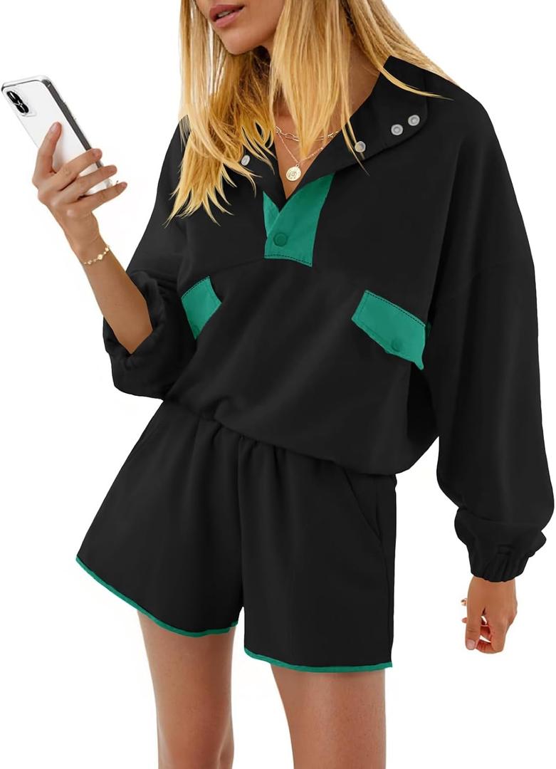Fisoew Womens 2 Piece Sets Sweatsuits Casual Half Button Color Block Sweatshirts Running Shorts Tracksuits Fall Outfits (Black, L)