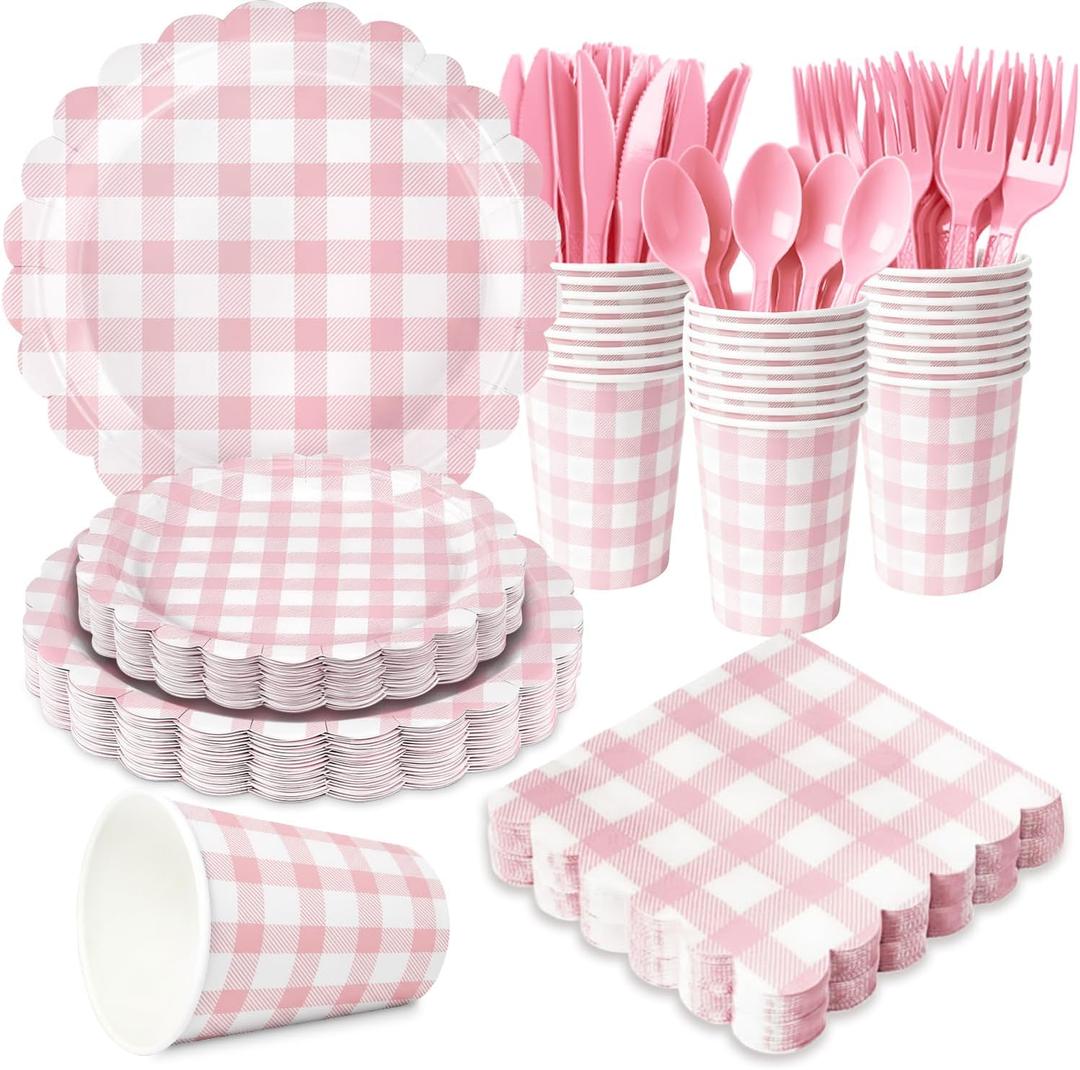 175 PCS Pink Gingham Party Supplies Includes Pink Gingham Paper Plates, Cups, Napkins, Cutlery for Baby & Bridal Shower, Wedding, Birthday Party, Outdoor Picnic, Serves 25