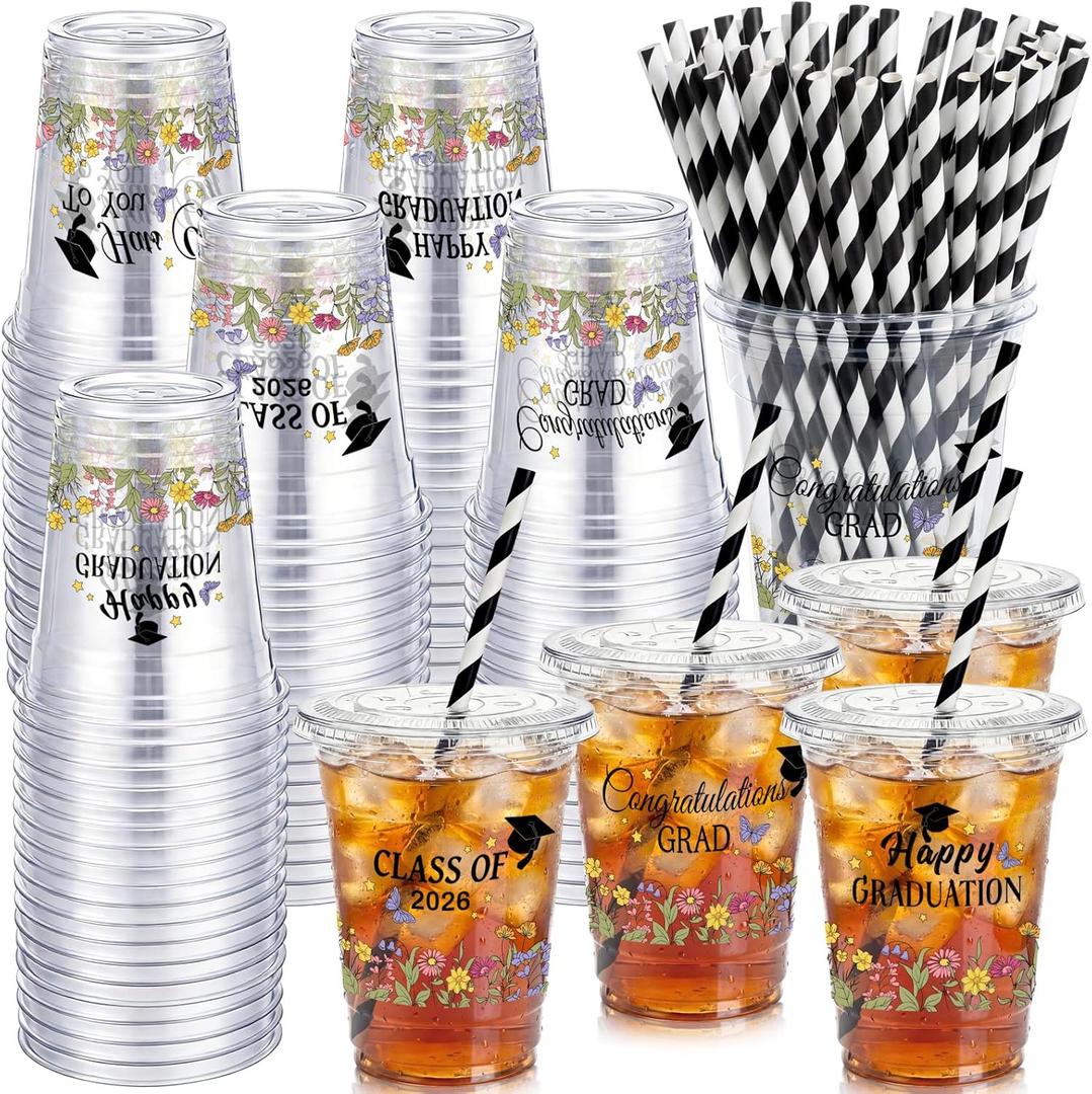 Patelai 60 Set 16oz Wildflower Graduation Cups Bulk Class of 2026 Wildflower Disposable Plastic Cups with Lids and Straws Floral Graduation Decorations Congrats Grad Party Tableware for Drinks