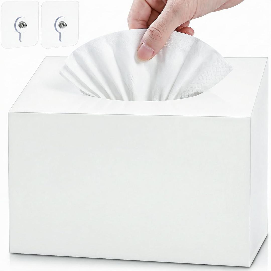 Acrylic Hand Towel Box Cover, Wall Mount Paper Towel Napkin Dispenser, White Rectangle Multi-Functional Dryer Sheet Mask Organizer for Bathroom, Kitchen, Car, Office