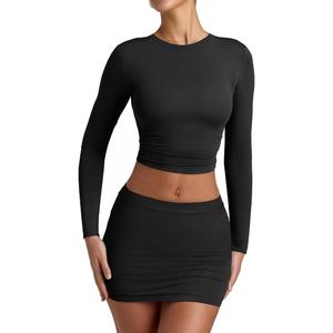 YFANG Women's Sexy Two Pieces Pencil Mini Skirt Set Long Sleeve Crew Neck Crop Top Short Bodycon Skirt Outfits (Black, M)
