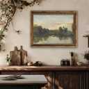 Vintage Gold Framed Landscape Wall Art Vintage River Painting Canvas Prints Landscape Wall Decor Countryside Painting Style Poster Print Artwork for Living Room Bedroom Home Decoration