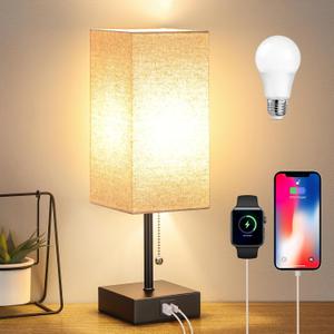 GGOYING Bedside Table Lamp, Pull Chain Table Lamp with USB C+A Charging Ports, 2700K LED Bulb, Fabric Linen Lampshade, Nightstand Lamp for Livingroom Bedroom Office Reading Working (Beige)