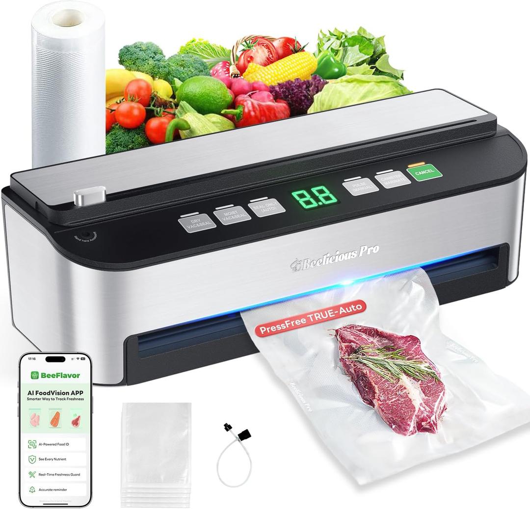 PressFree TRUE-Auto Vacuum Sealer Machine, Beelicious 85KPA Fully Automatic 8-IN-1 Food Sealer with Bags Storage, Build-in Cutter, Moist Mode and Air Suction Hose | Digital Countdown | Sous Vide (A-Stainless Steel)