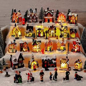 Zubebe 62 Pcs Christmas Village Set, LED Holiday Village Houses Figurines Christmas Buildings Town Scene Desktop Ornaments Indoor Room Decor Collection (Cute)