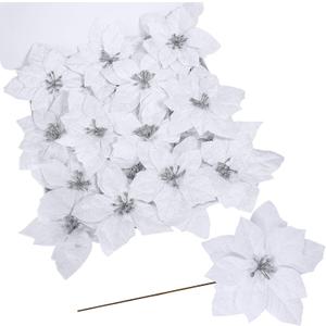 Winlyn 24 Pcs Christmas Glittered Poinsettia Floral Picks White Silk Velvet Artificial Poinsettia Flowers Christmas Tree Ornaments 6.3" W for White Christmas Tree Holiday Party Seasonal Wreath Dcor