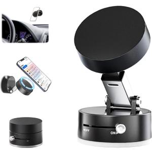 SEVENKA Vacuum Magnetic Phone Holder Compatible with iPhone 16 15 14 13 12, Samsung, All Phone, Small Universal Foldable Magnetic Phone Stand Car Mount with Windshield Suction Cup, Metal Ring, (Black)