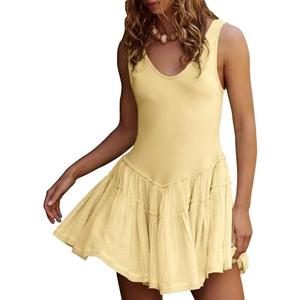 Gacaky Womens Sleeveless Mini Dress Casual Boho Ruffle Tiered Mini Dress High Waist Mini Skirts Golf Tennis Dresses with Built-in Shorts Yellow Medium size M