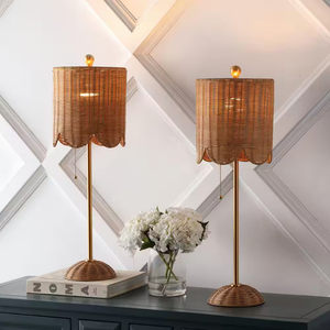JONATHAN Y JYL1138B-SET2 Celerie 27.5" Coastal Bohemian Rattan/Iron Scalloped Buffet LED Table Lamp with Pull Chain Bedroom, Living Room, Office, Dining Room, Brown/Brass Gold (Set of 2)