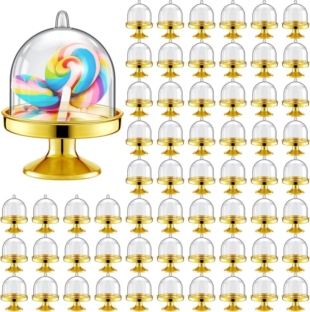 Tessco for you 48 Pcs Plastic Mini Cake Stand with Dome Lid Cover Clear Small Cupcake Display Holder Crystal Pedestal Stand Chocolate Candy Dessert Containers for Wedding Birthday Party (Gold)