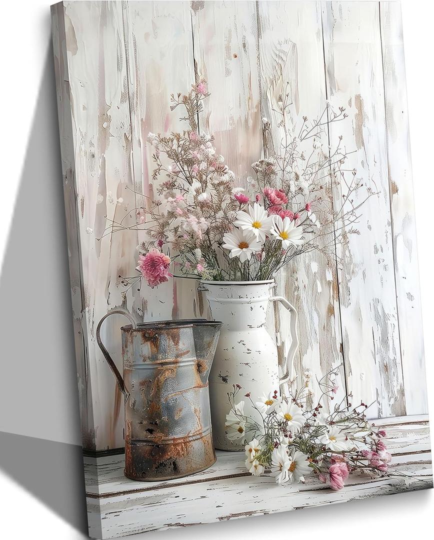Rustic Farmhouse Floral Canvas Wall Art Elegant White Pink Flower Daisy Poster Prints Vintage Country Floral Picture Wood Grain Painting Pastoral Wall Decor for Living Room Bedroom 12x16in Framed