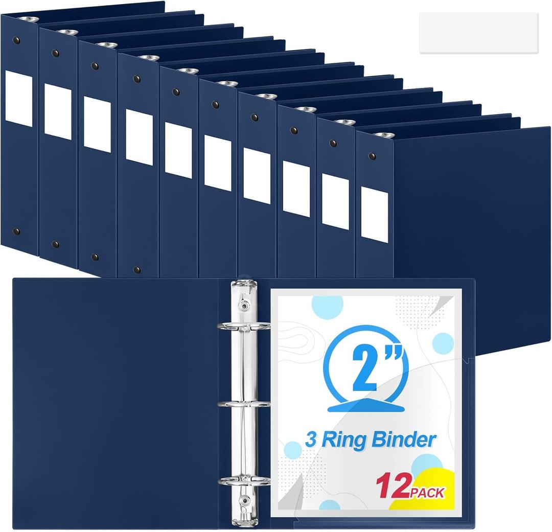 Henoyso 12 Pack 2 Inch Plastic 3 Ring Binder Round Ring, Bulk 2 Inch Flexible Binders Hold 490 Sheets Letter Size with Pocket, Document Organizer for Back to School Classroom Office (Navy Blue)