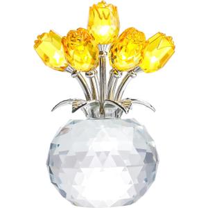 YWHL Handmade Crystal Yellow Rose Flower Figurine With Round Vase, Romantic Gifts for Wife Mom on Anniversary Birthday Mother's Day, Glass Flower for Sister Friends, Wedding Home Decorations