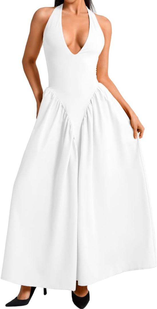 ChiaoLezhee Deep V Neck Dress, Halter Maxi Dresses, Vacation Date Night, Sexy for Women Corset Flowy Wedding Guest Drop Waist (Medium, White)