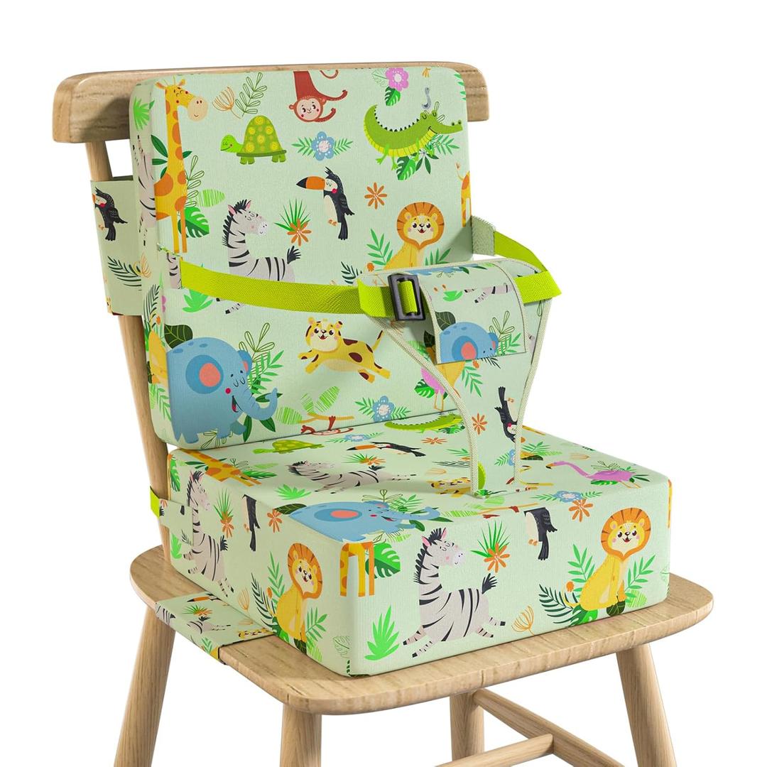 Booster Seat for Kitchen Chair with Backrest & 4 Adjustable Straps, Portable TPU Waterproof & Anti-Scratch Toddler Booster Seat for Dining Table, Removable & Non-Slip (Green-Animals)