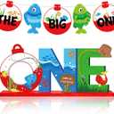 2 Pcs Ofishally One Birthday Decorations Fishing Table Wooden Centerpiece and Gone Fish Banner Summer Fishing Theme Party Supplies 1st Birthday Baby Shower Photo Props Decor