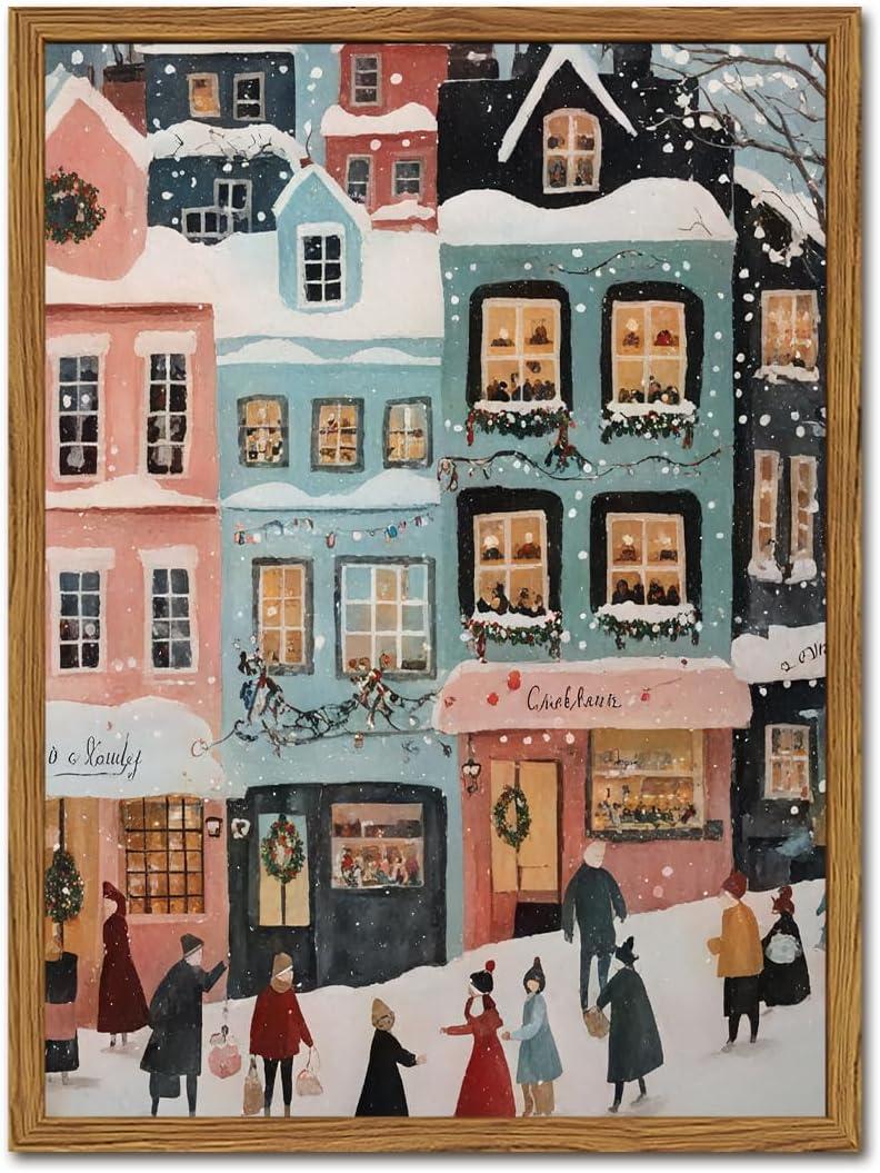 Christmas Wall Art Snowy Winter Wall Decor Pictures, Christmas Town Canvas Prints Painting Vintage Winter Lane Artwork for Living Room Bedroom Dining Room 16x24 inch Wood Framed