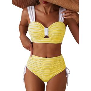 Women High Waisted Bikini Set Textured Cutout Tie Side Bathing Suit | Removable Pads, Adjustable Wide Straps, Tummy Control Cute Swimsuits, Sweetheart Neck, Wire Free, Pool Party, Beach Vacation (Yellow, )