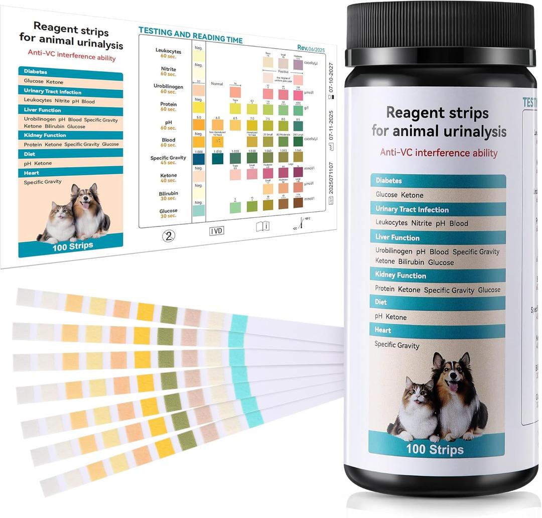 100 x Pet Urine Testing Strips, 10 in 1 UTI Test Kit for Cat & Dog, Multi-Parameter Urinalysis Reagent Strips: Leukocytes, Urobilinogen, Protein, Ph, Blood, Ketone, Bilirubin, Glucose & More