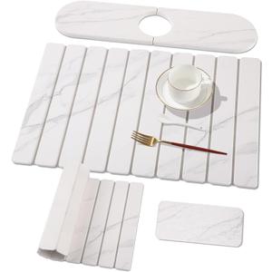 3 PCS Large Stone Dish Drying Mat for Kitchen Counter, Quick Dry Stone Dishes Mats, Sink Faucet Mat, Marble Water Absorbing Diatomaceous Earth Drying Pad for Countertop Tableware, Bottles (24*16inch+16*4inch+8*4inch, White Grey Marble)