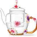 Luka Tech 35OZ Enamel Glass Flower Teapot With Removable Loose Tea Leaf Infuser Tea Maker,Gifts For Women,Mom,Mothers Day,Christmas,Birthday,Valentines Day