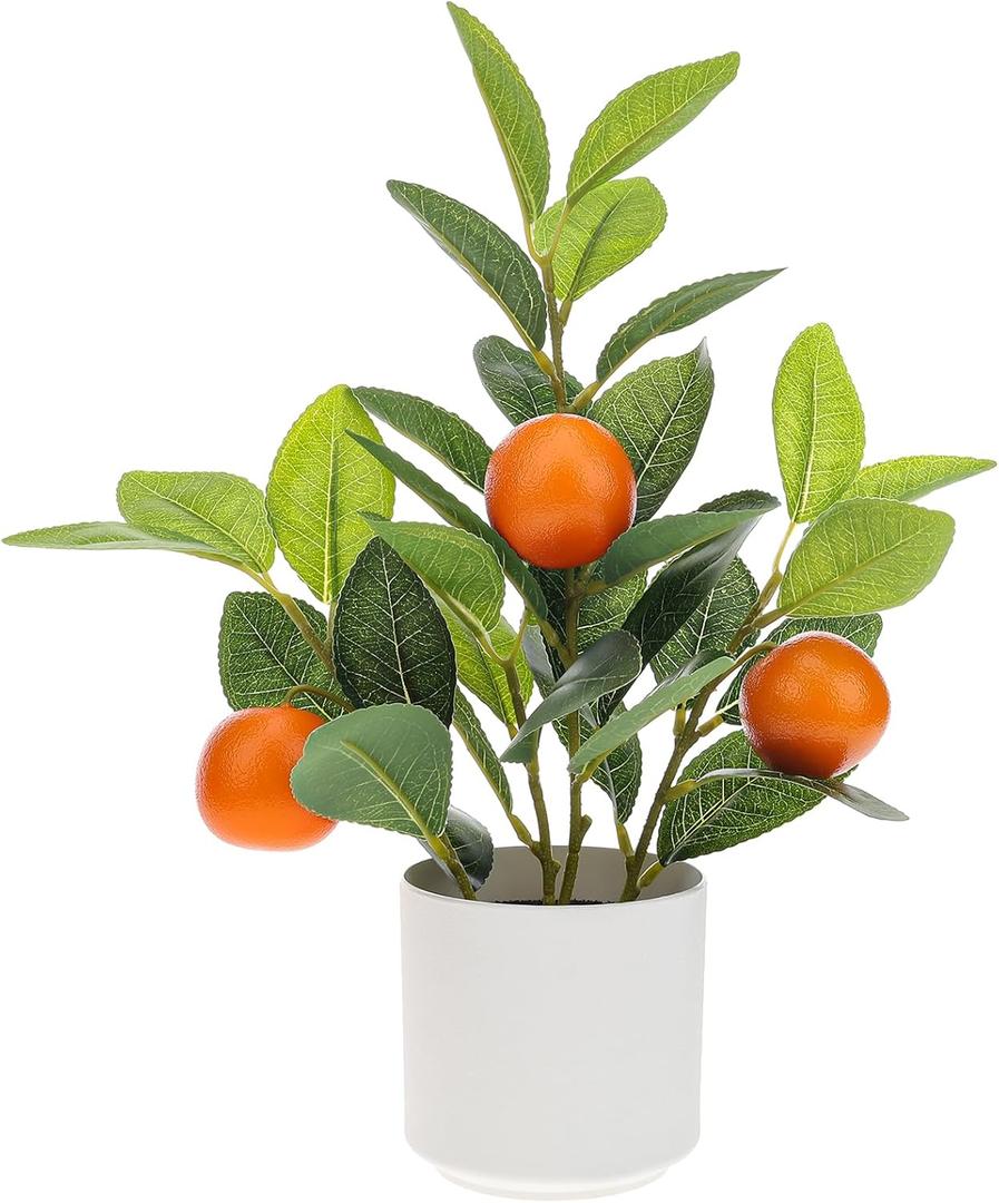 Woration Artificial Orange Plant Potted 14.5inches Small Faux Fruit Orange Tree Bonsai with White Pot Table Centerpiece Farmhouse Style Home Office Desk Shelf Decoration Indoor